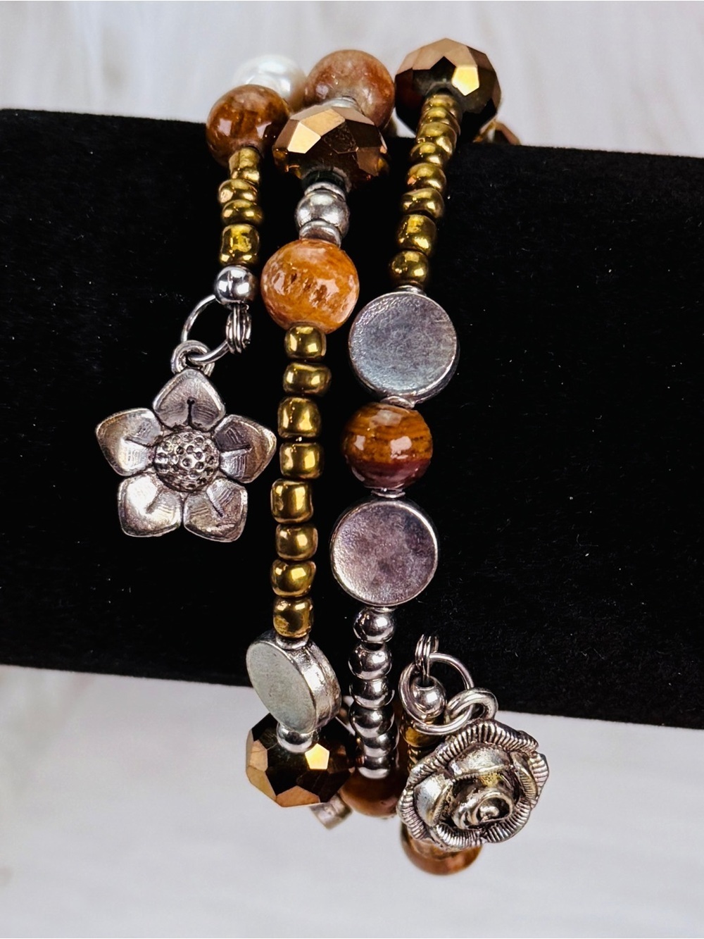 Boho Mixed Bead Triple Wrap Bracelet Flower Rose Charms Brown Gold Silver